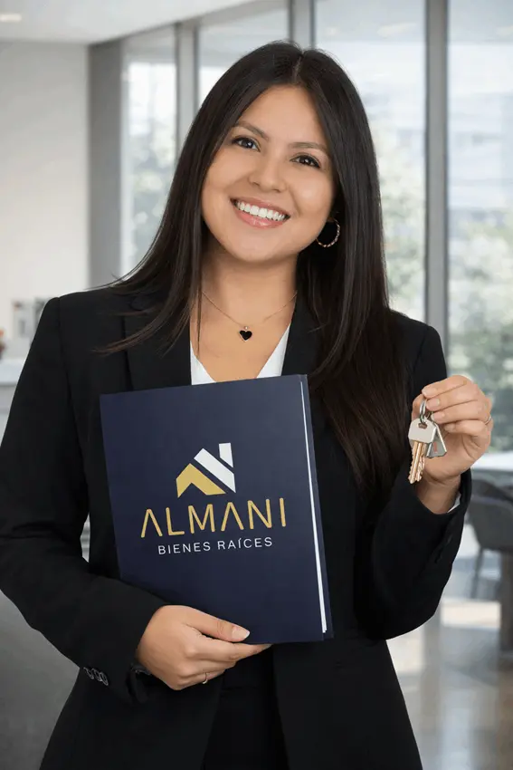 Alma Nieves, asesora inmobiliaria de Almani Bienes Raíces, sosteniendo folder con el logo y llaves de una casa en oficina.