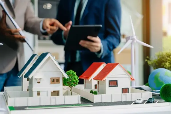 Asesores inmobiliarios revisando maqueta residencial para casas en venta en Queretaro con analisis profesional de propiedades